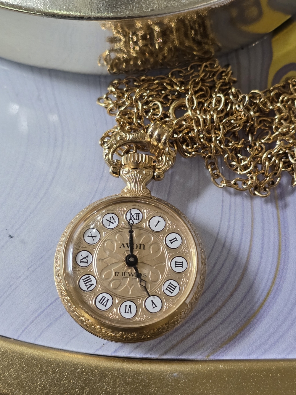 Avon Gold Pocket Watch Pendant Necklace with White Dial Accents